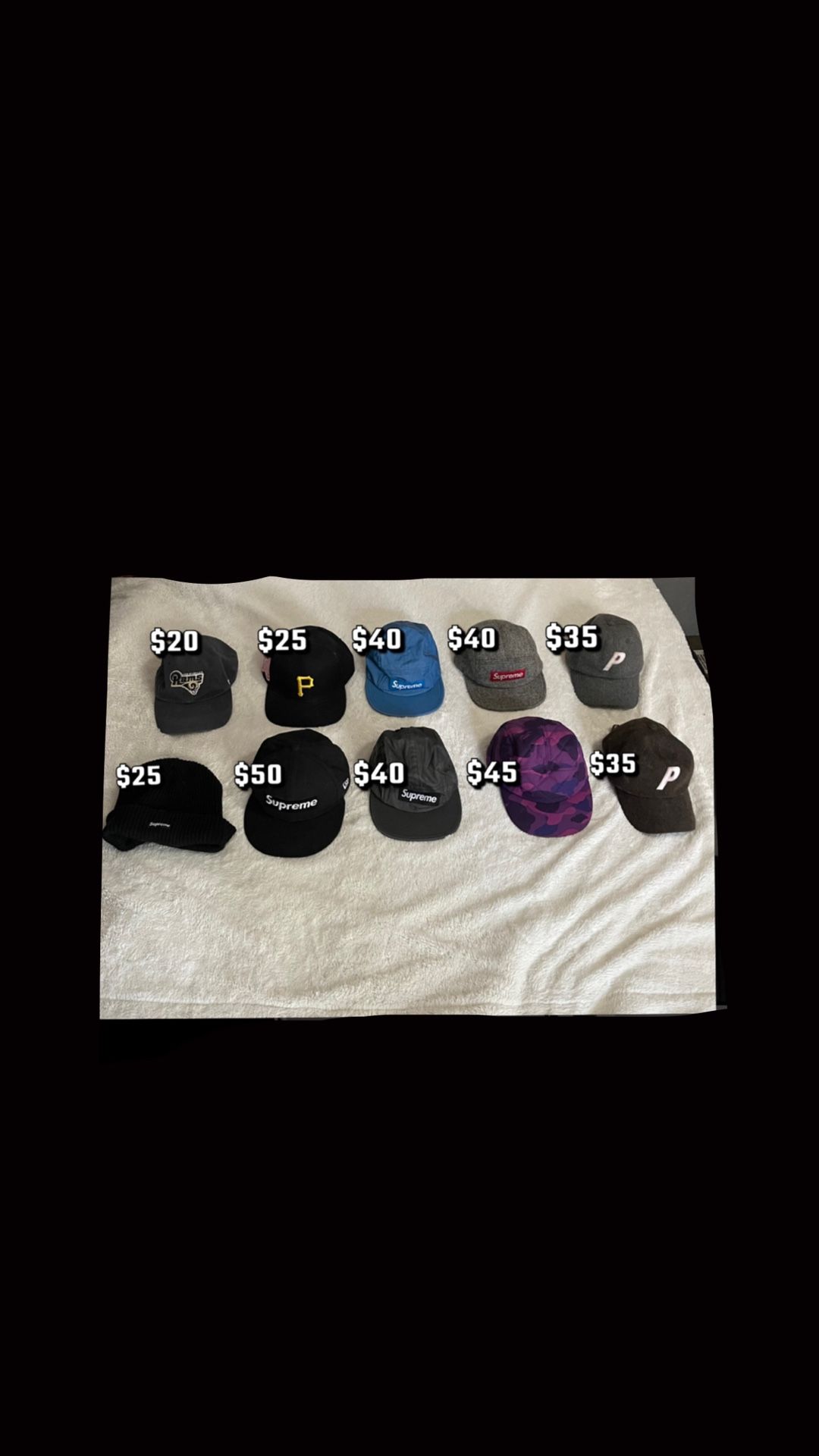 Hats- Supreme, Bape, Palace, MLB