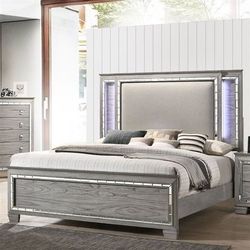 Brand New Light Gray Oak Bed with LED Lighting
