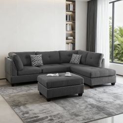 FREE DELIVERY Studded Grey, L-Shaped Sectional With Chase And Ottoman 