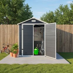 6ft x 4ft Plastic Outdoor Storage with Floor and Lockable Door Plastic Garden Shed for Backyard, Lawn, Cold Grey