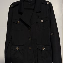 Black Military Style Button Front Jacket XL Long Sleeve Pockets