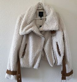 FOREVER 21 Sherpa Teddy Moto Style Jacket Cream Tan Women Size medium NWT