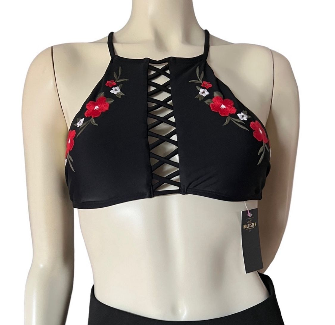 Hollister Black Embroidered Red Flower Halter Bathing Top Criss Cross Size: S