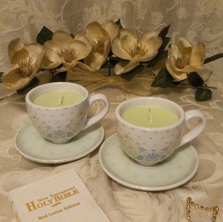 2 Morgan & Grace Australia | Tea Cup & Saucer Candles | Pear & Gardenia Scented