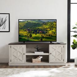 64 in. Saw Cut-off White with Dark Drift Wood Desktop TV Stand for TVs up to 70 in.
