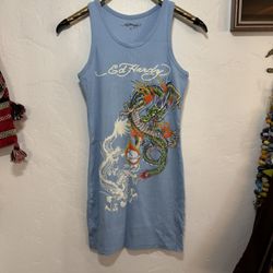 ED HARDY SZ SMALL RIBBED TANK MINI DRESS TUNIC DRAGON LIGHT BLUE LIKE NEW