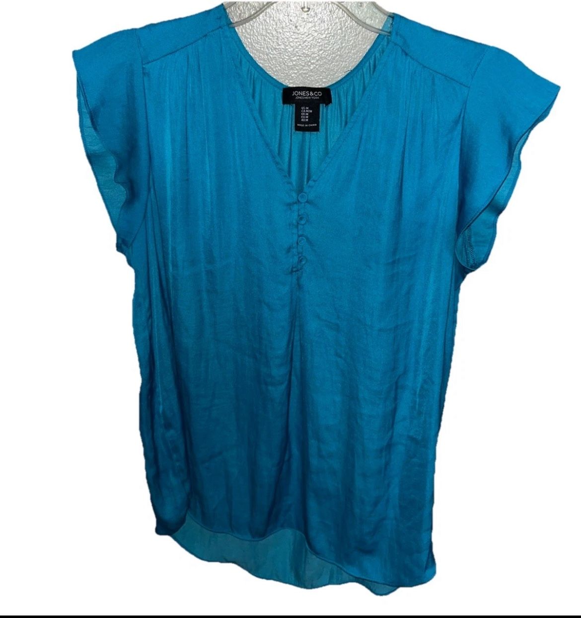 Jones New York Sz MediumV Neck Cap Sleeve Teal Blouse