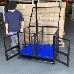 $190 (New) Folding heavy duty dog cage 41x31x34” double-door stackable kennel w/ divider, plastic tray