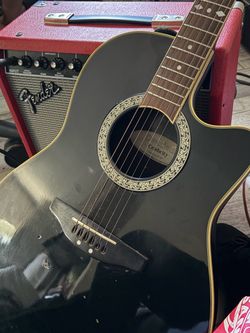Ovation CS24C Celebrity Trad Mid-Depth Classical A/E Guitar Blk with Red 25R 75w Fender Amp.