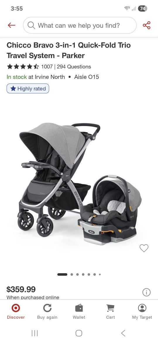 Chicco Bravo Stroller/Infant Car Seat, Parker NEW