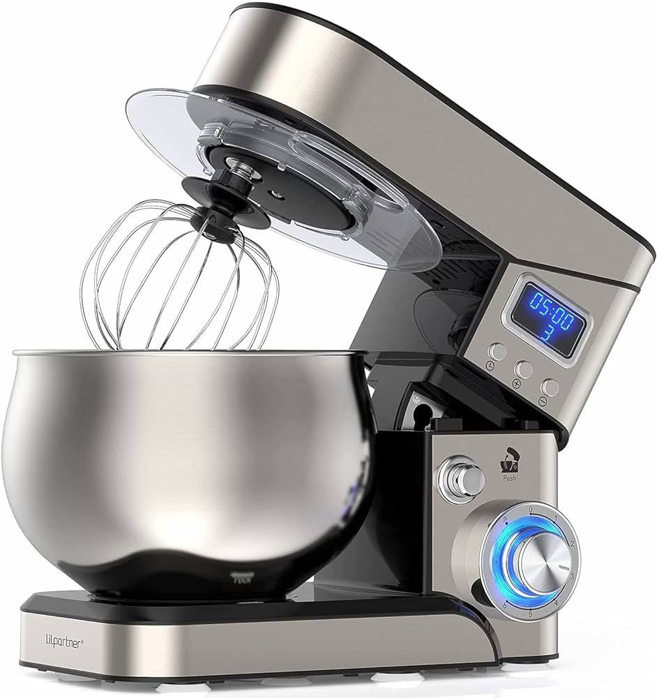 Stand Mixer, Stainless Steel Mixer 5.3-QT LCD Display Food Mixer, 6+P Speed itchen Electric Mixer Tilt-Head Mixer with Stainless Steel Bowl, Dough Hoo