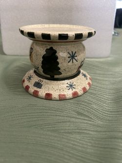 Ceramic Christmas Tree Pillar Candle Holder Snowflakes & Presents Vintage