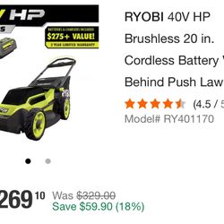 Ryobi 20 Inch 40 V Cordless Lawnmower
