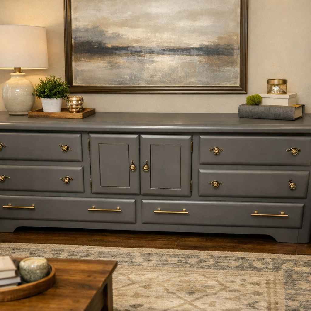 Gray Dresser with Brass Handles – Stylish & Solid