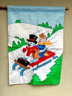 Vintage 90s Cheerful Snowman & Little Boy Sledding Garden Flag