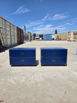 Pair of Blue Campaign Style 2-Drawer Nightstands