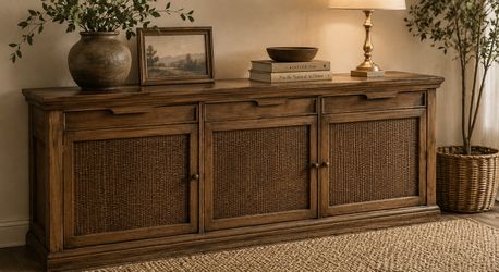Vintage Cane Front Sideboard | Boho Rattan Console Cabinet