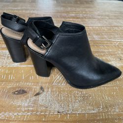 Black Leather Ankle Booties With Open Heel (Adjustable Strap) Rubber Sole, Like New Women’s Size 8M