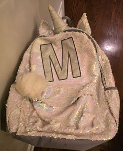 Justice Unicorn silver sequin backpack Initial M