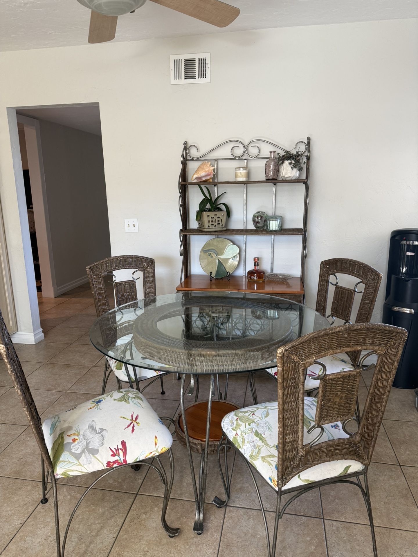 Glass Table, Chairs, And Bakers Rack
