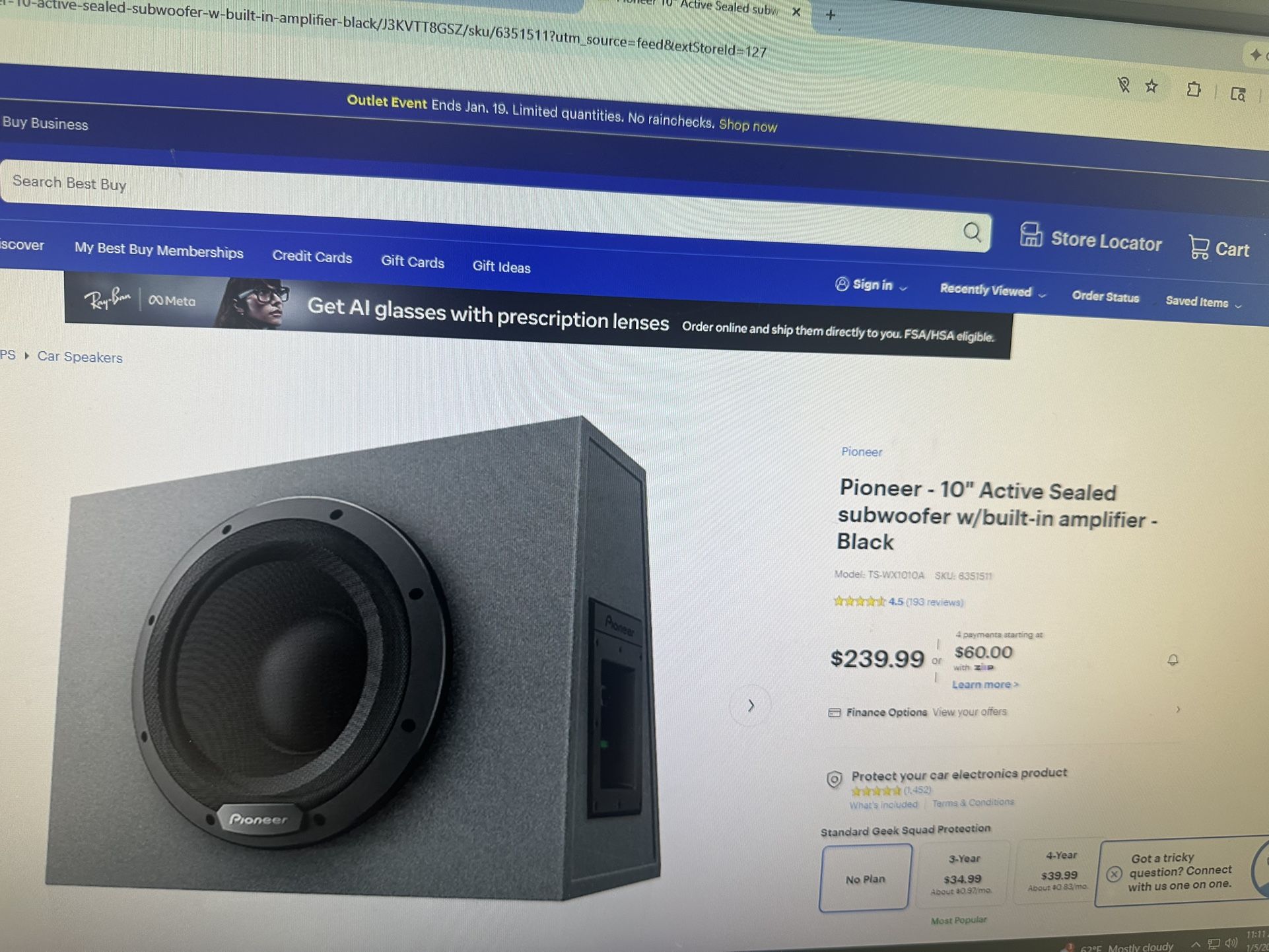 Pioneer 10” Active Sealed Subwoofer W/built In Amplifier Black