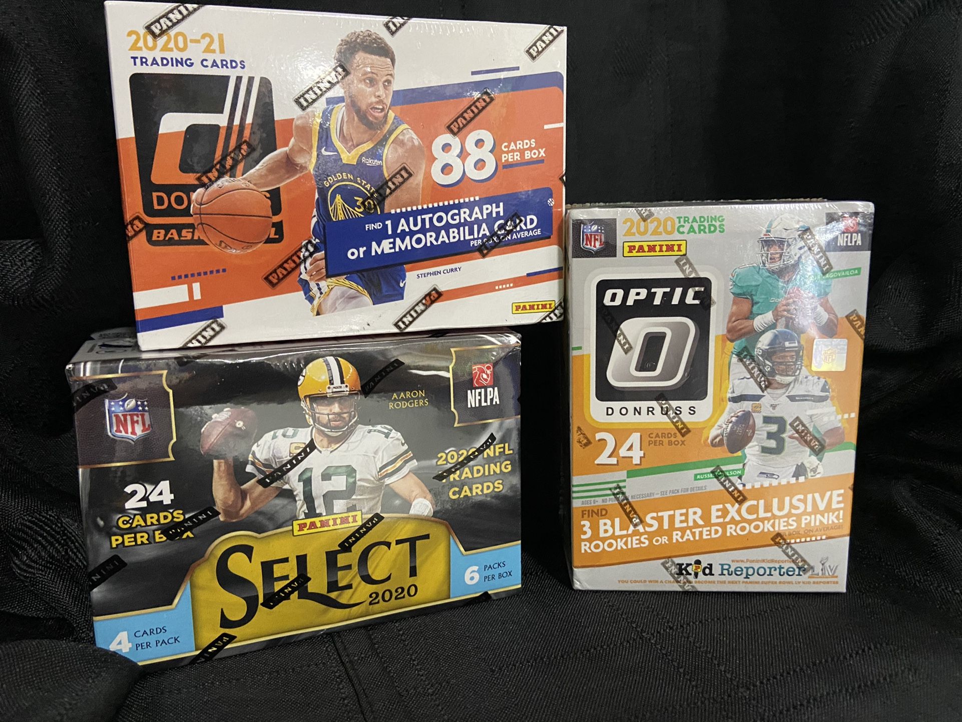 NBA, NFL 3 Blaster Box Lot- Donruss (NBA) Select & Optic (NFL