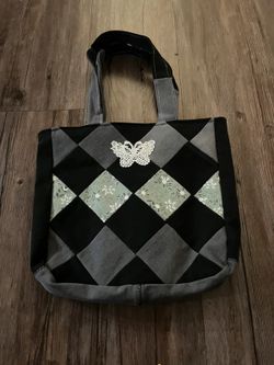 Y2K Butterfly Diamond-Quilted Patchwork Tote Bag Black Grey