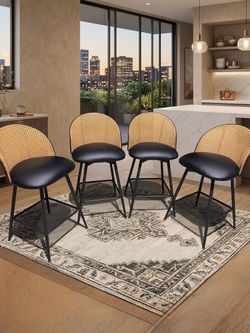 Black PU Leather Rattan Swivel Bar Stools Set of 4 – 26” Counter Height, Kitchen Island Chairs