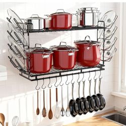 Pot Rack Wall Mounted, 22''-30'' Length Expandable, 3 Level Height Adjustable, 2 Tier Heavy Duty Hanging Cookware Pan Organizer with 12 Hooks and 8 Li