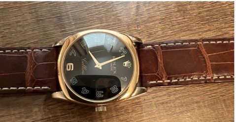 Rolex Cellini Men's Quartz Dress Watch 33mm 18kGold Case Black Dial Brown Strap