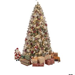 7.5 Ft Christmas Tree with Foldable Base & PVC Tips,Pre-lit Frosted Artificial Christmas Tree with Pinecones & Holly Berries & Warm White Lights