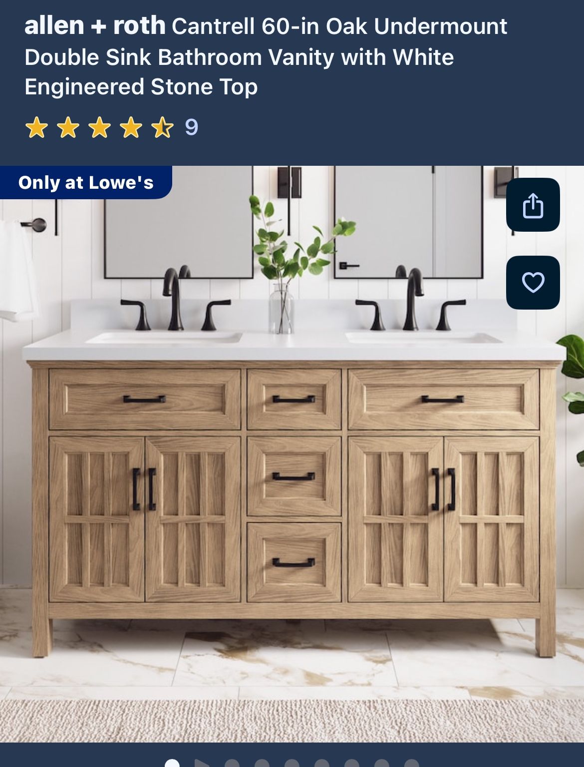New allen + roth Cantrell 60-in Oak Undermount Double Sink Bathroom Vanity with White Engineered Stone Top