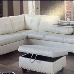 White Leather Sectional Couch With Drop Down Table 