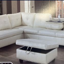 White Leather Sectional Couch With Drop Down Table 