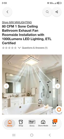 80 CFM 1 Sone Ceiling Bathroom Exhaust Fan Roomside Installation with 1000Lumens LED Lighting, ETL Certified