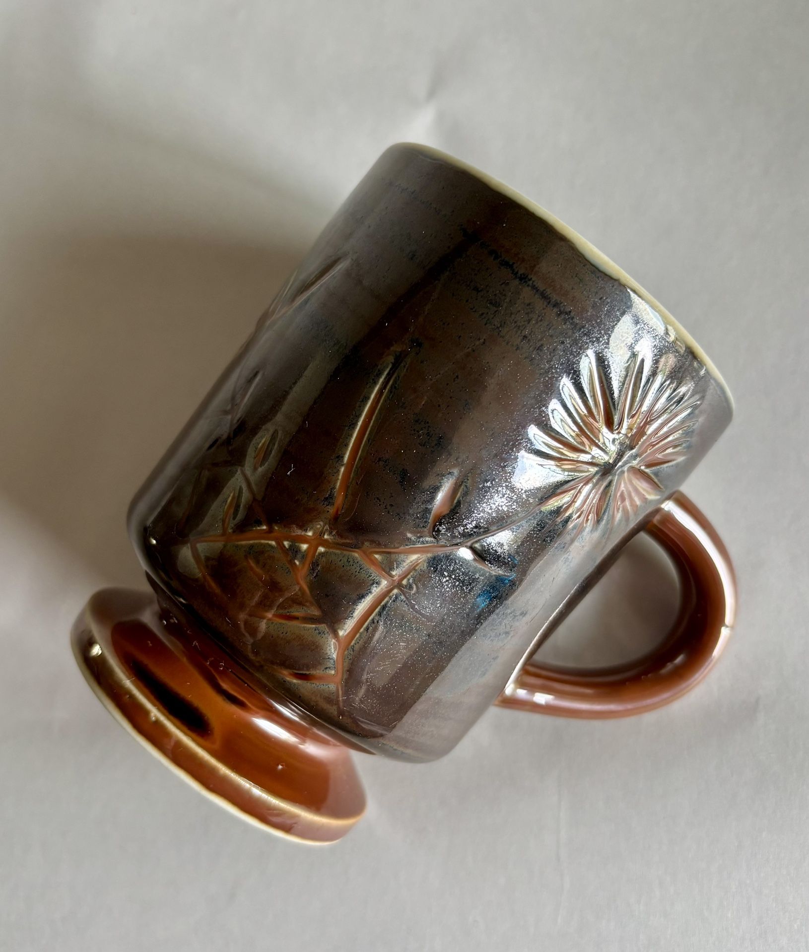Vintage 8-oz Brown And Blue Stoneware Pedestal Mug