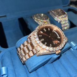 Burst Down Rolex Moissanite Watch With Brown Dial 