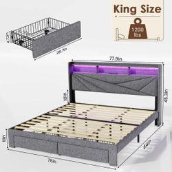Limited Time Price!! KING Size LED Bed Frame 2 Storage Drawers, Headboard Storage, Charging Station
