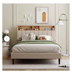Polibi Wood Frame Full Platform Bed with Storage Headboard and USB Port Linen Fabric Upholstered Bed Beige