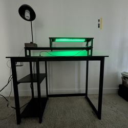 Black Computer Desk with Monitor Stand and LED Lights