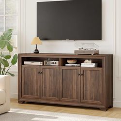 60 Inches Sideboard Buffet Cabinet with Storage and 4 Doors, Brown Large Sideboard Kitchen Cabinet with Open Shelf & Adjustable Shelf, Kitchen Coffee