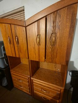 Oak Wood Modular Wall Unit with Cabinets and Drawers