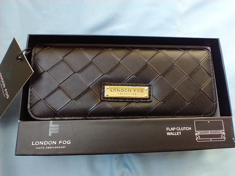 

London Fog Flap Clutch Wallet, Lara Woven Black 7.5” wide x 4 " high x.5" thick, --


