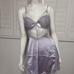 New Medium purple lavender satin nightgown slip teddy lingerie robe set pj