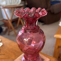 FENTON CRANBERRY GLASS VASE RUFFLED TOP RIDGED DESIGN ECFENTON