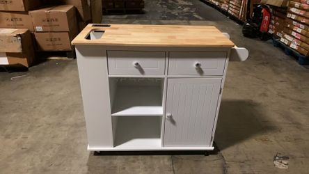  White MDF Kitchen Cart with Power Outlet, 5-Wheels, Drop Leaf and Rubber Wood