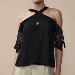 New York & Company Crochet Sleeve Criss Cross Blouse