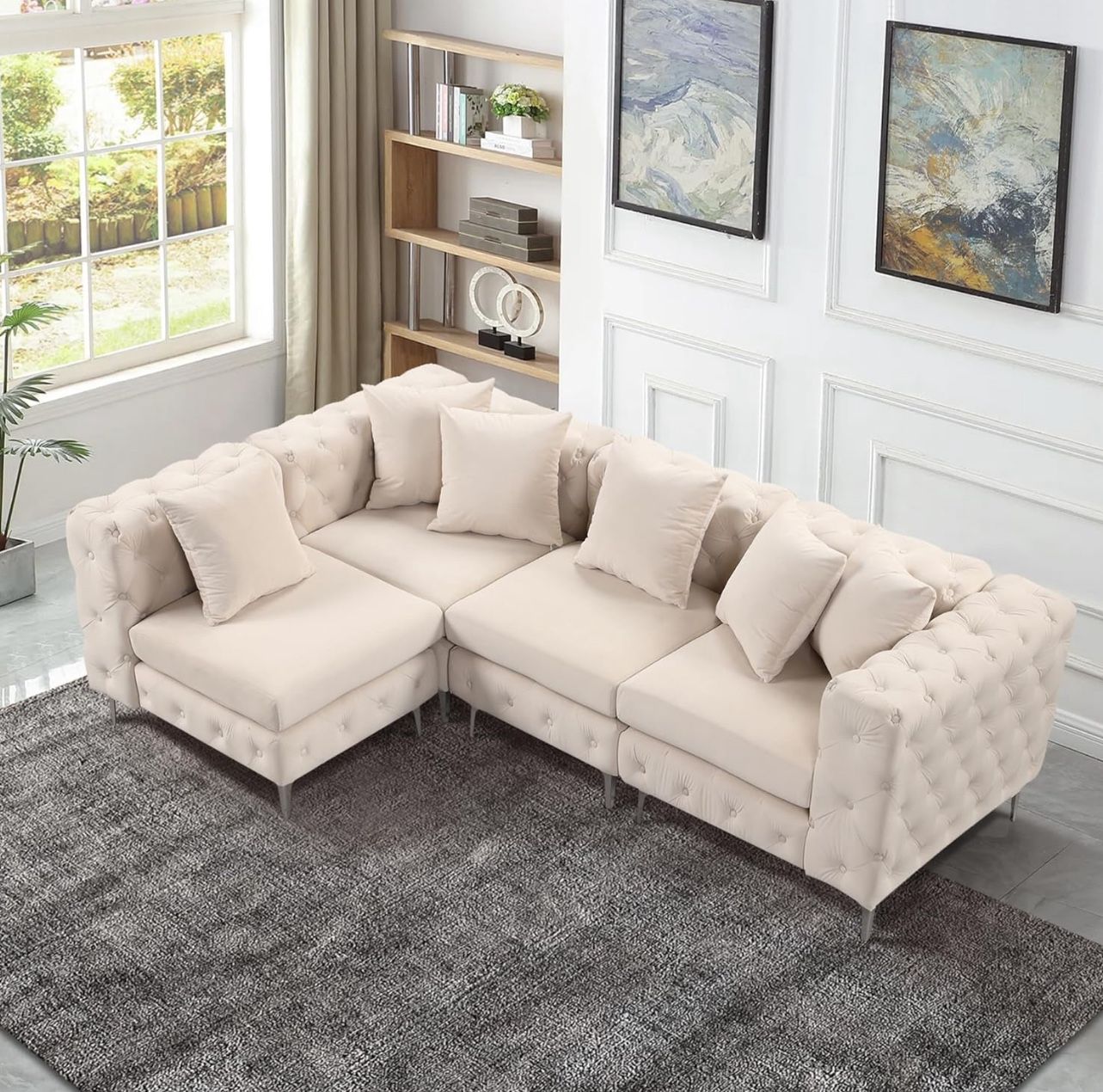 96.5-in Modern Off-white Sectional, Comfort Modular Couch 122 in. Velvet 3 Seat L Shaped Sectional Sofa for Living Room with Tufted Button in Beige