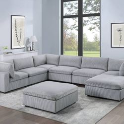 Brand New Light Grey Super Plush Corduroy Modular Sectional Sofa 