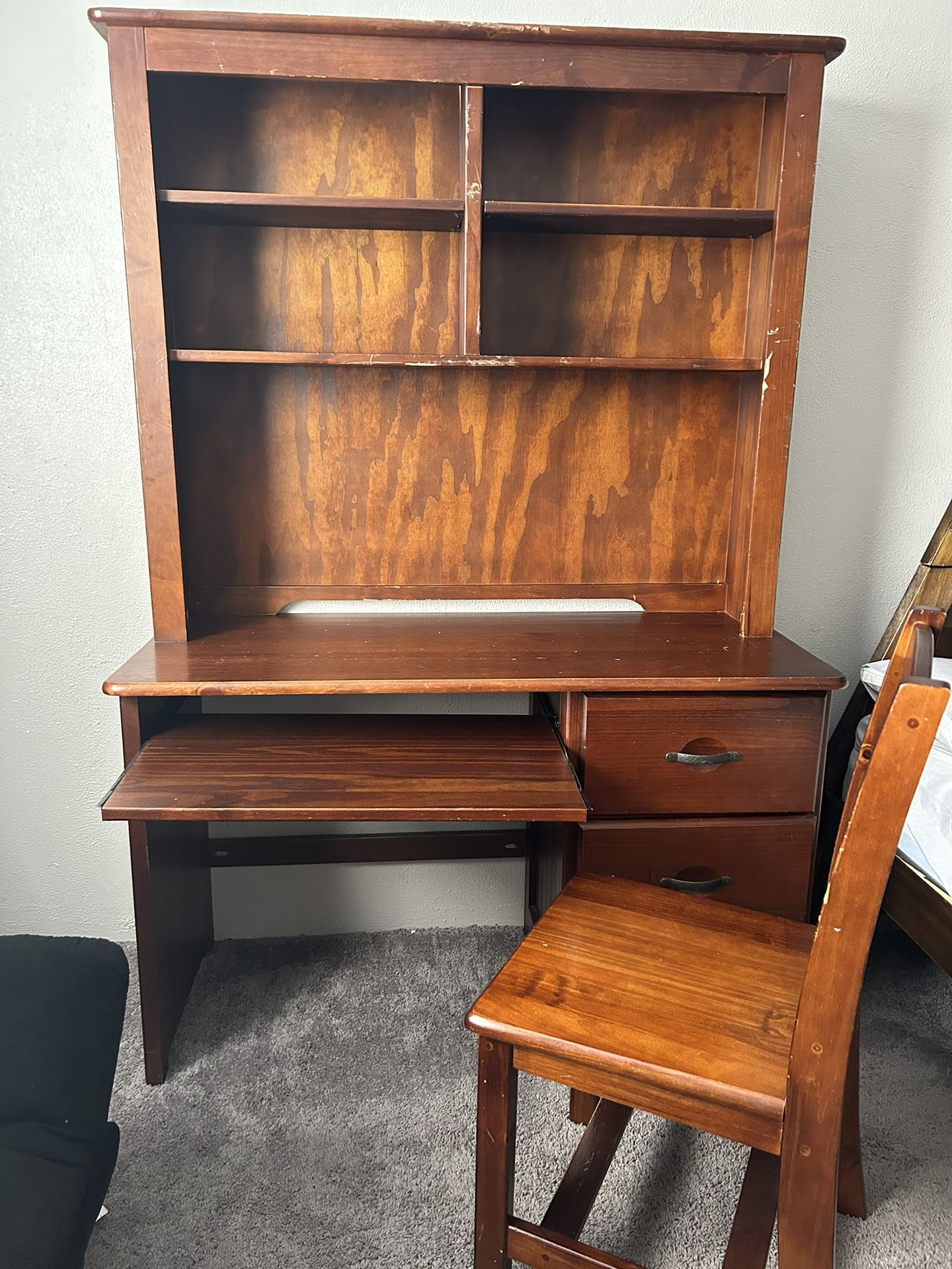 Wooden Desk, Hutch And Chair